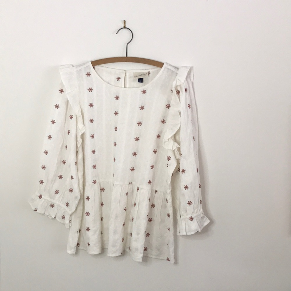 Women's Floral Print Puff 3/4 Sleeve Ruffle Top